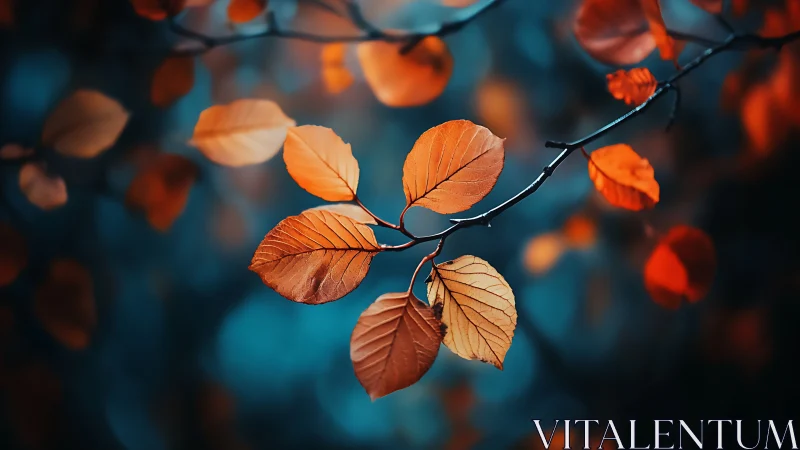Autumn Leaves on Branch with Moody Blue Bokeh Background.