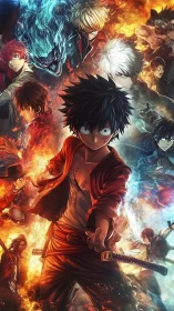 Dynamic anime ensemble with fiery dual-color battle composition.