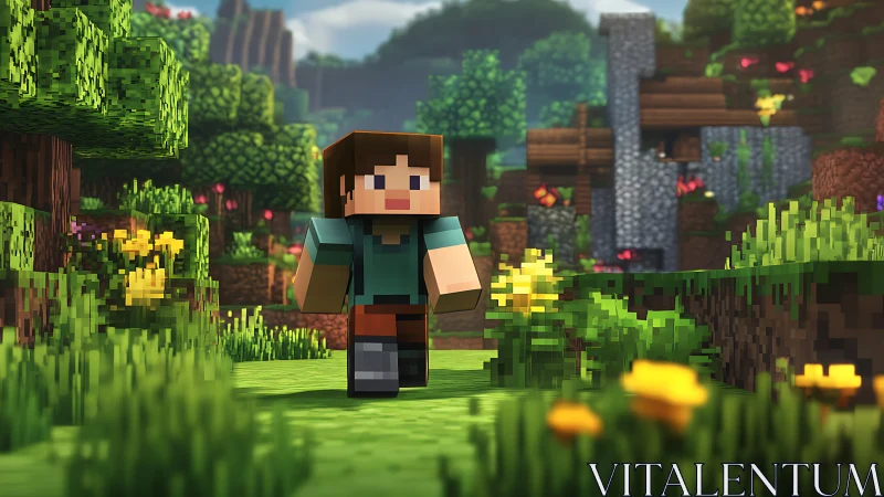 Block-style game character in pixelated forest environment.