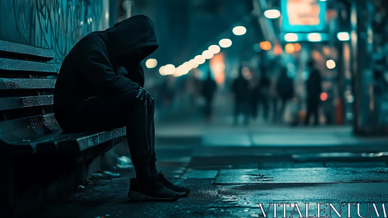 Quiet bench confessions under neon-streaked city lights.