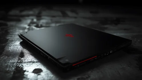 Sleek black gaming laptop rests closed on wet concrete