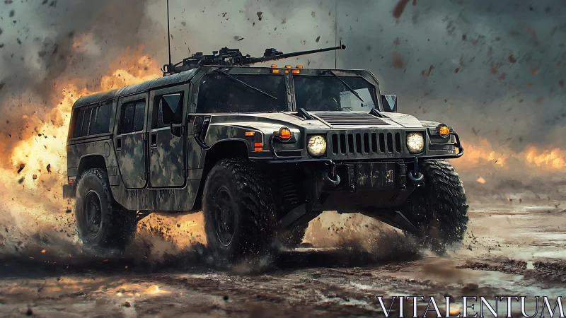 Armored military SUV driving through explosive battlefield.