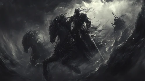 Dark spectral rider commands shadow warhorses in storm.