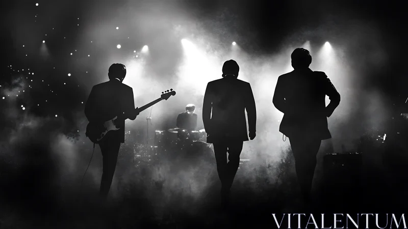 Silhouetted rock band dominates smoky backlit stage.