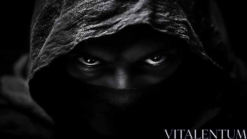 Shadowed gaze of a hooded figure in dramatic darkness.