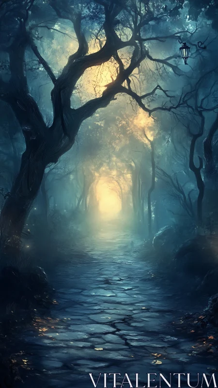Luminescent Forest Passage: Mystical Woodland Through Atmospheric Haze.