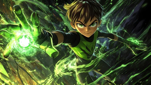 Young character with green energy effects in dynamic pose.