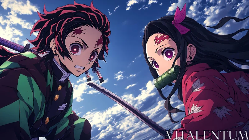 Anime siblings in battle stance under cloudy sky.