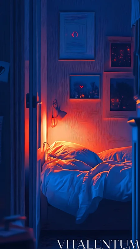 Cinematic bedroom interior renders moody blue and orange light