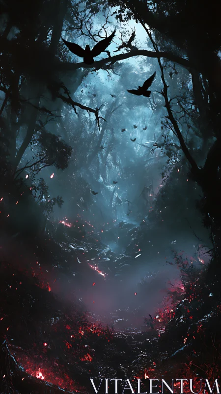 Nocturnal ravens over ember-lit misty haunted forest.