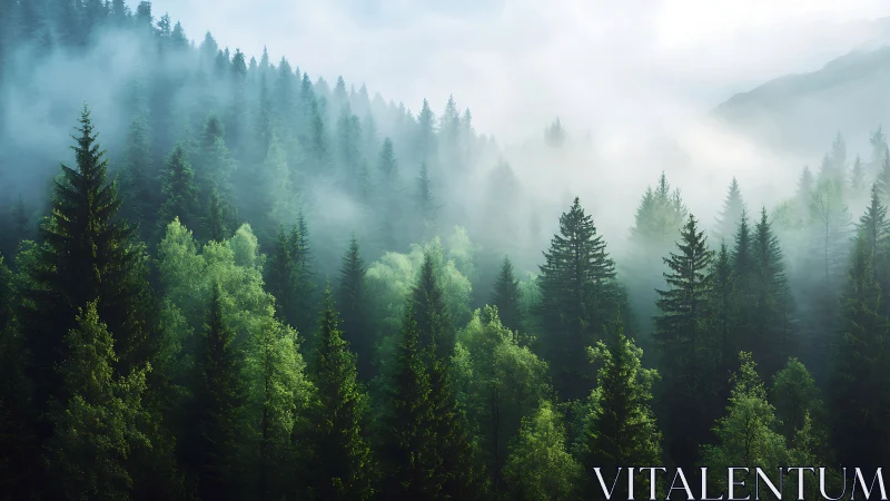 Misty Forest Valley Embraced by Towering Pine Trees