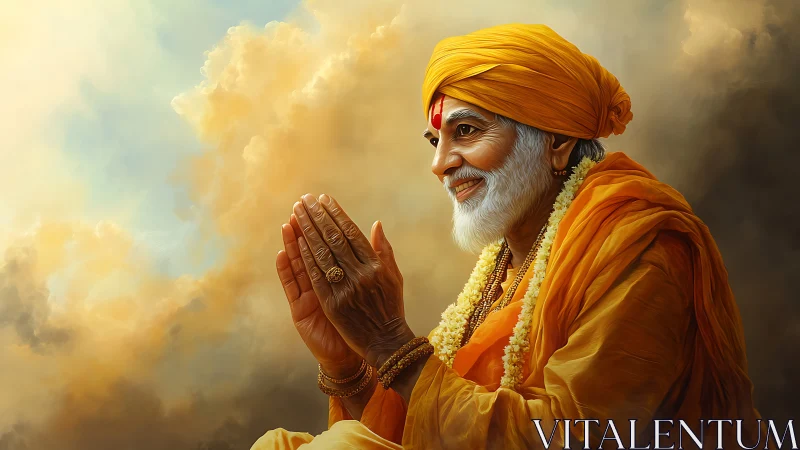 Serene elderly guru in golden robes amid glowing clouds.
