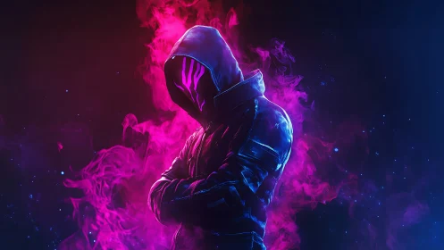 Hooded figure stands amid neon smoke with crossed arms