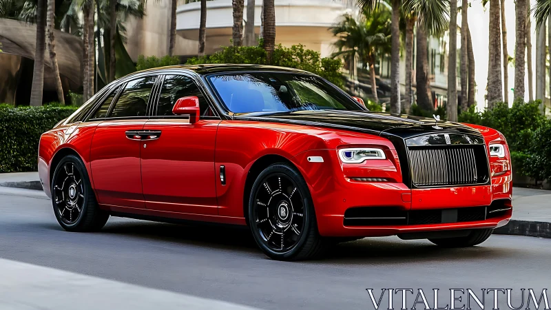 Photorealistic red Rolls-Royce sedan with gloss-black accents.