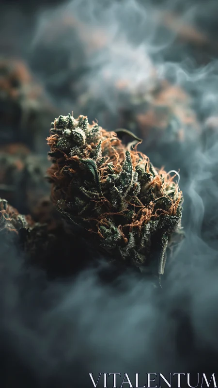 Cannabis flower macro in dense surrounding smoke haze.