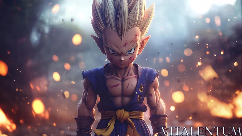 Battle-scarred anime warrior amid burning embers stands resolute.