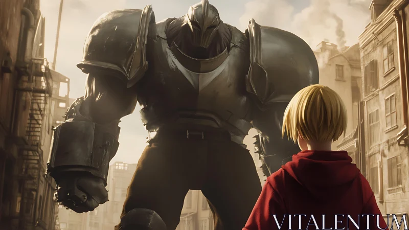 Armored giant confronts lone child in ruined city street.