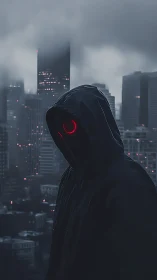 Hooded red-eye ghost prowls a rain-soaked neon skyline.