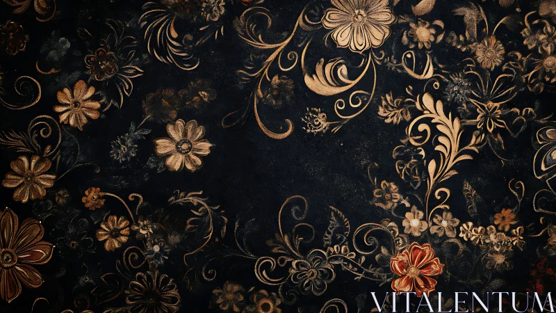 Gilded floral scrollwork over deep black ornamental field.