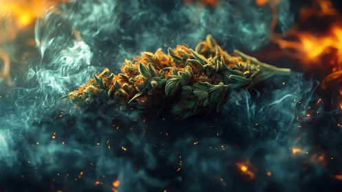 Ember-kissed cannabis blossom drifting through neon smoke.