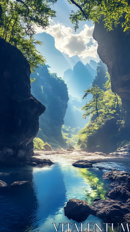 Sunlit canyon river winding through misty blue mountains.