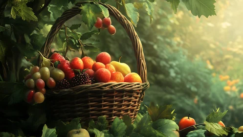 Sun-drenched orchard basket spilling with luminous harvest.