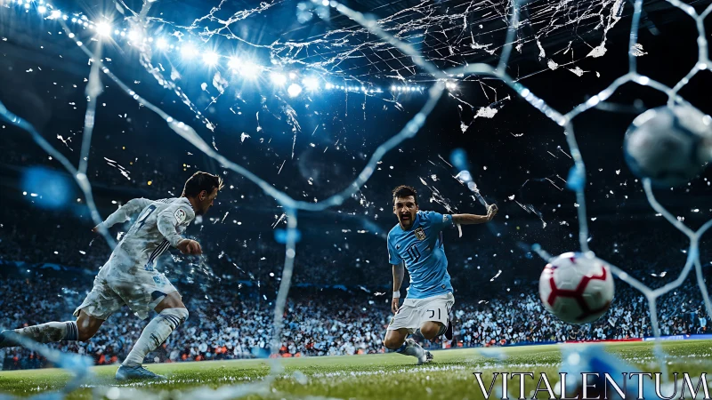 Dramatic football goal capture from inside shattered net.