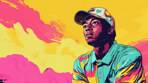 Vibrant pop art portrait of man against abstract neon backdrop