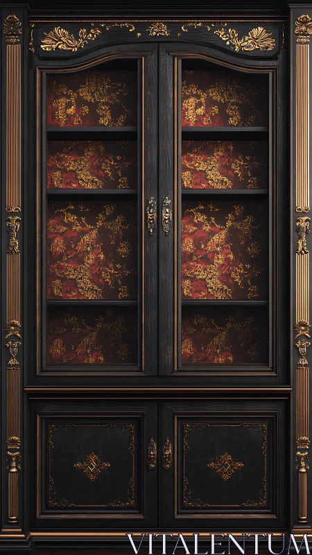Ornate black wooden cabinet with gold carved decorative detailing
