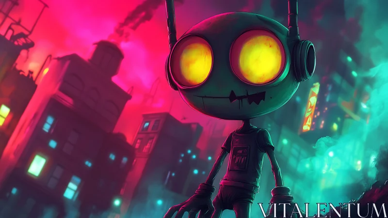 Neon-eyed robot drifter haunts a candy-colored city night.
