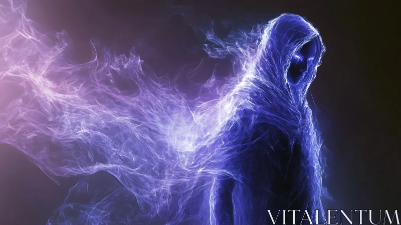 Spectral hooded figure radiates swirling violet energy