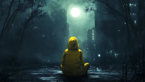 Solitary figure in yellow raincoat under moonlit urban rain.