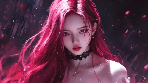 Crimson-haired gothic muse under luminous painterly glow.