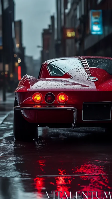 Rear view classic red coupe on wet city street at dusk