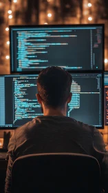 Software developer coding at dual monitors in dim office.