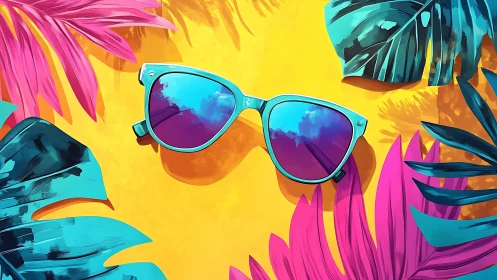 Neon teal sunglasses amid vivid tropical leaves on yellow.