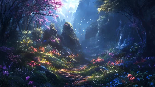 Illuminated Forest Canyon With Flowering Vegetation