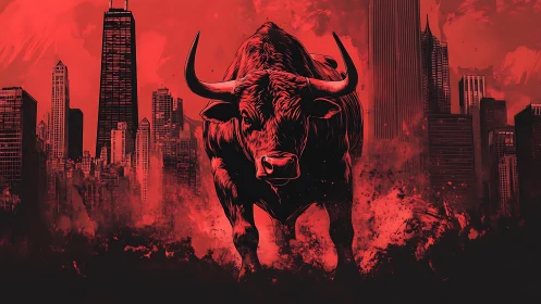 Charging red bull dominates a dark, explosive cityscape