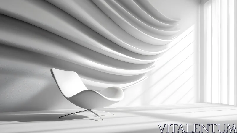 Minimalist interior with sculptural white chair and geometric wall forms