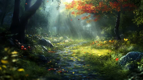 Enchanted Forest Stream Where Autumn Leaves Float in Misty Light