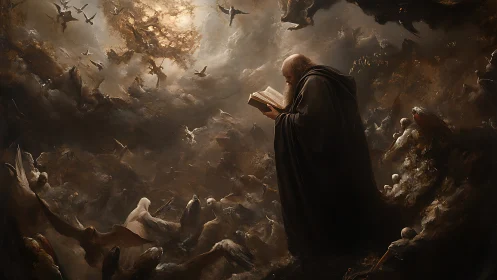 Solitary robed figure reads amid dense airborne tumult