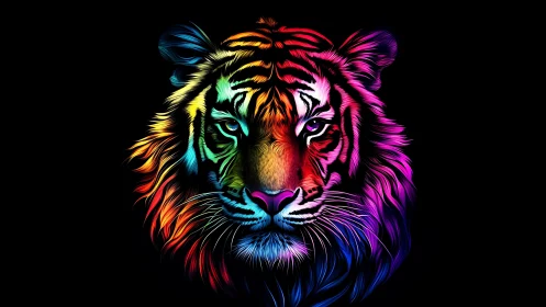 Digitally rendered tiger portrait uses multicolor neon contours