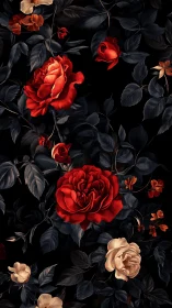 Romantic red roses dance among deep shadows and gold.