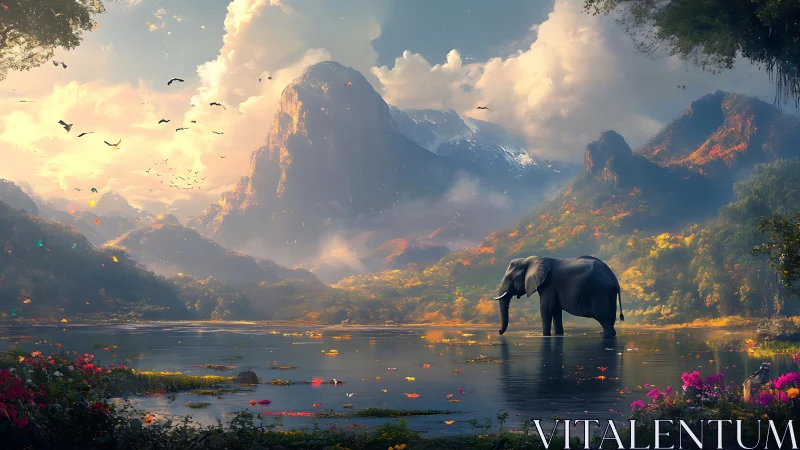 Elephant wading in reflective alpine lake under dramatic clouds