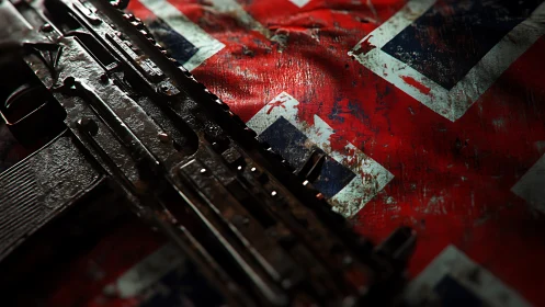 Weathered rifle detail on distressed red tactical fabric.