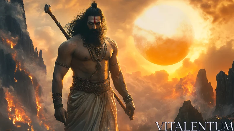 Mythic warrior stands before burning sun and cliffs.