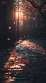 Sunlit cobblestone alley with drifting red leaves at dusk.