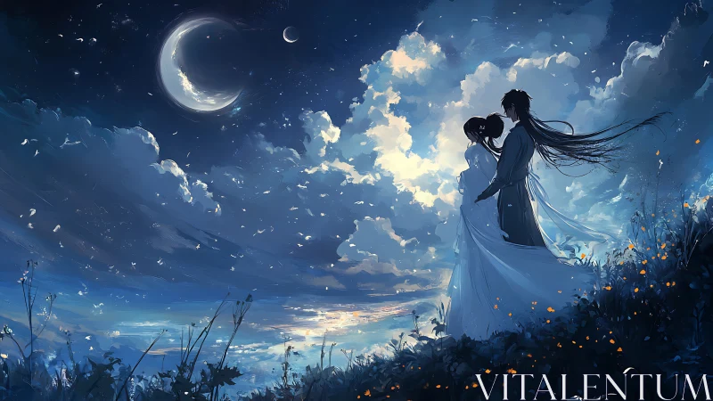 Lunar backlit couple on windswept cliff under stratified clouds.