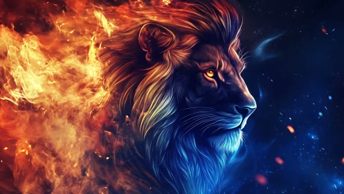 Majestic cosmic lion glowing between fire and starlight.
