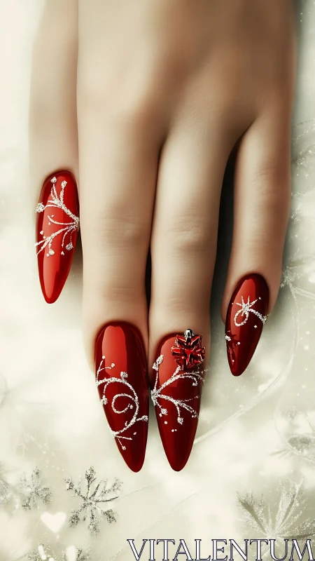 Red stiletto nails with silver patterns on pale hand.